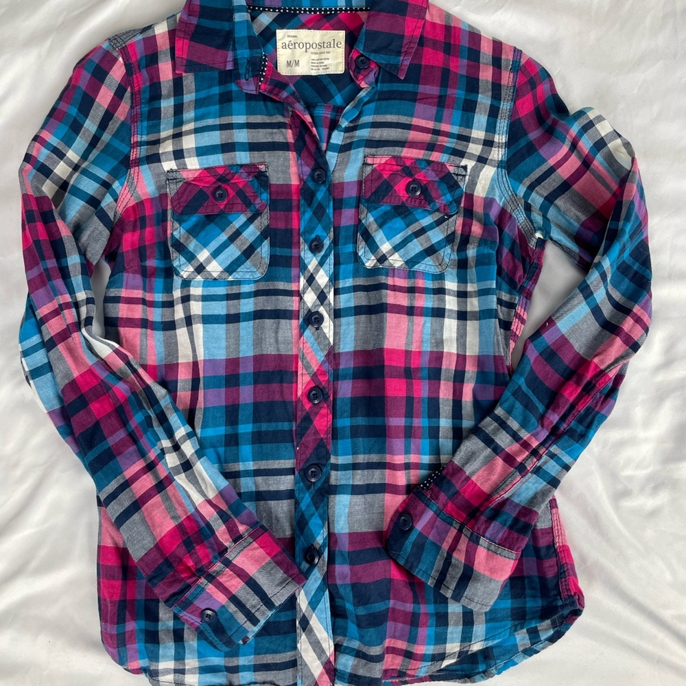Aeropostale Women’s M Plaid Button-Down Shirt - Blue and Pink